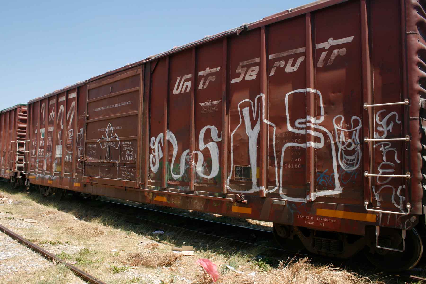 Vagón del tren de carga conocido como "La Bestia" con un "placazo" (grafiti) de la MS13 en Ixtepec, Oaxaca / Carlos García